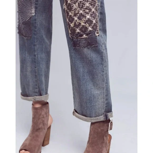 Pilcro Jean Hyphen Shibori Mid-Rise 31 Blue Denim Patchwork Embroidered Straight - Picture 3 of 9